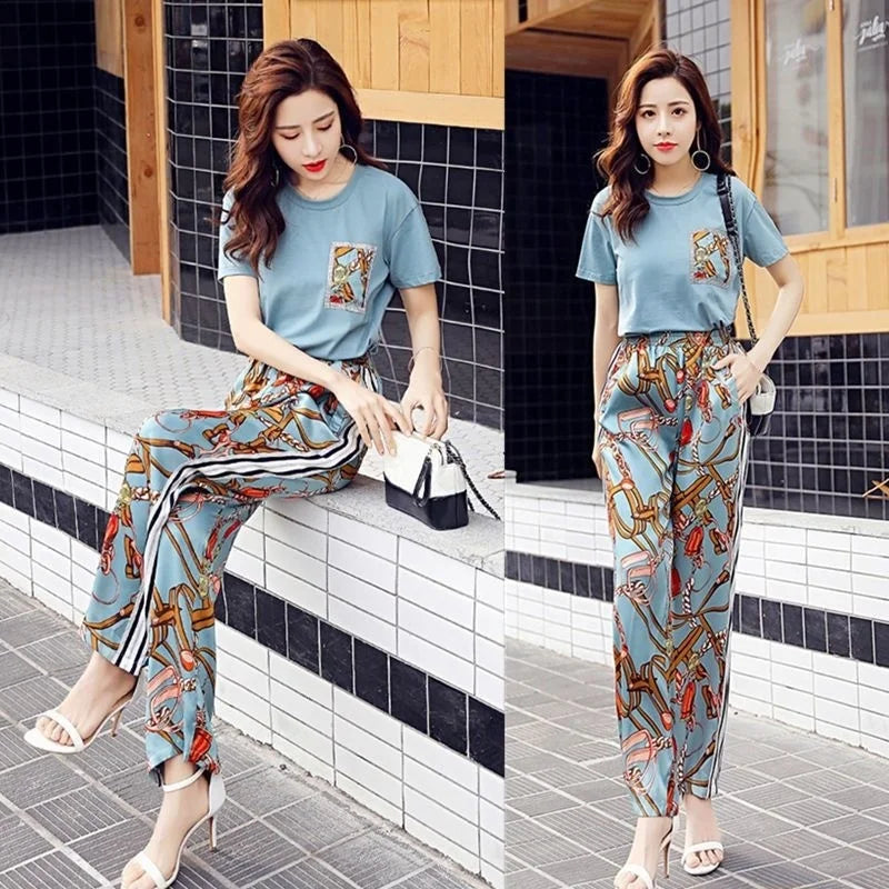 Women's Plus Size Two Piece Suit Set with Short Sleeve Tops and Wide Leg Pants for Casual Summer Fashion