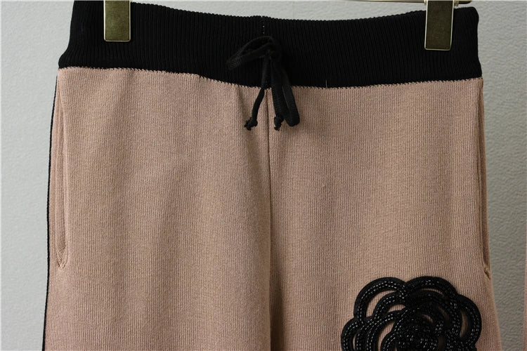 Knitted Loose Women Pant Suit Set with O Neck Pullover and Wide Leg High Waist Pants