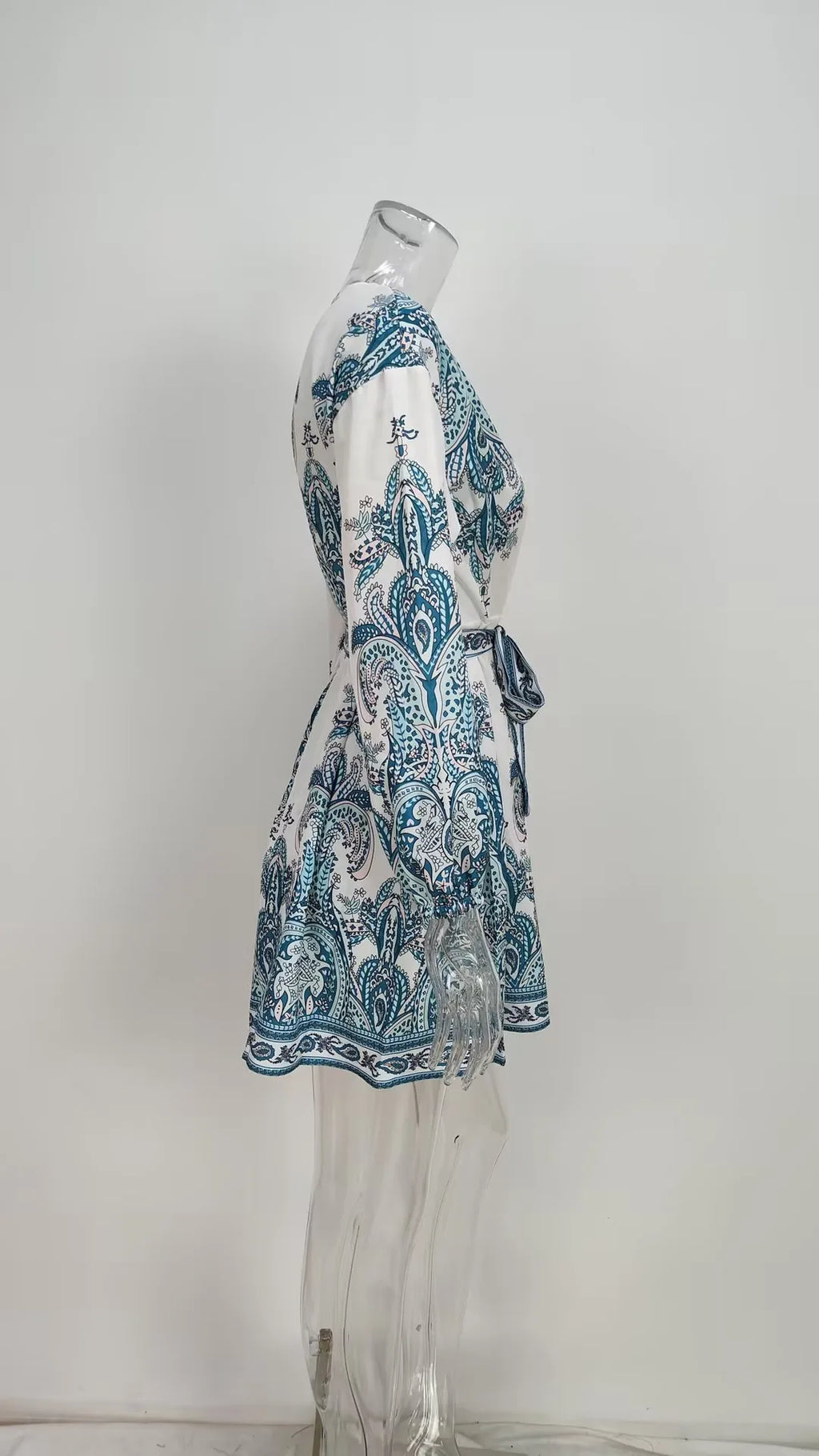 Casual Belted Print Dress For Women With V Neck Long Sleeve