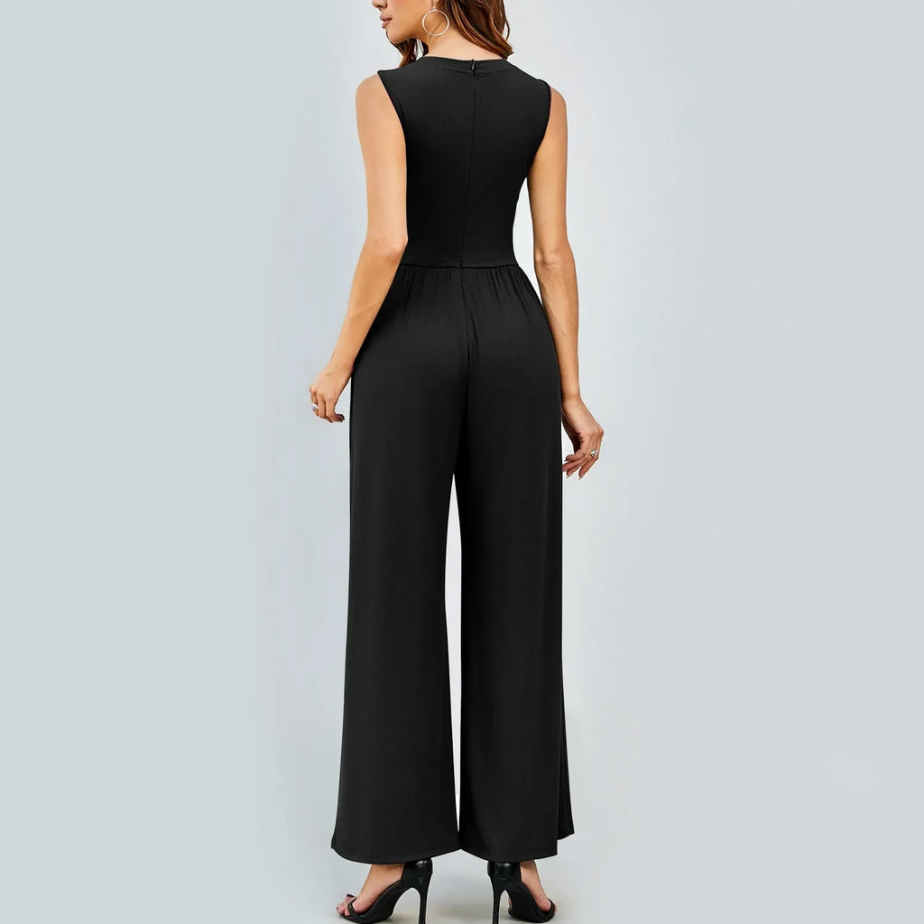 Women Sleeveless High Neck Ribbed Tank Top Jumpsuit Wide Leg Pants Romper with Tummy Control and High Waist Casual Summer Outfit