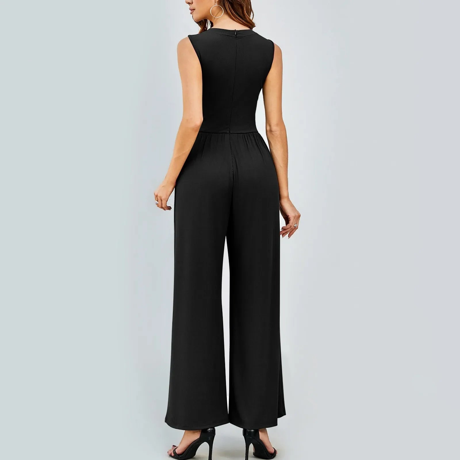 Women Sleeveless High Neck Ribbed Tank Top Jumpsuit Wide Leg Pants Romper with Tummy Control and High Waist Casual Summer Outfit