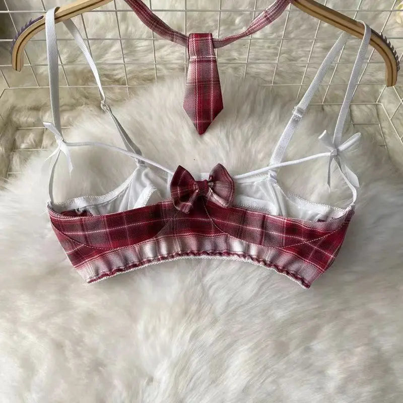 Sexy Schoolgirl Lingerie Set Plaid Necktie Top and Skirt Erotic Cosplay Costume Uniform