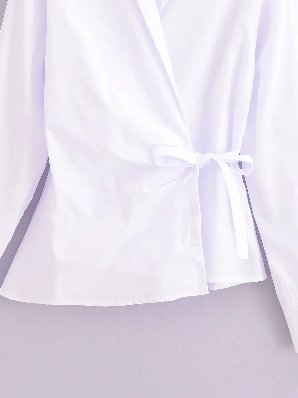 Women's Summer Lapel Poplin Shirt Long Sleeve Slim Fit Bow Tie Wrap Solid Color Blouse