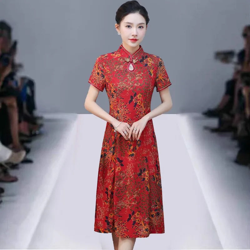 Floral A-Line Summer Dress For Women Short Sleeve Elegant