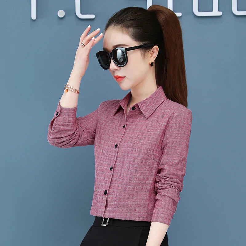 Women's Long Sleeve Slimming Cotton Shirt with Flip Collar Casual Versatile Top for Spring and Autumn Fashion
