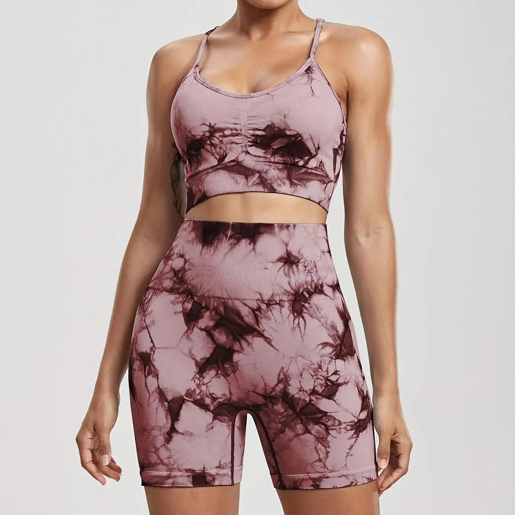 2-Piece Women Tie-Dye Sports Shorts and Crop Top Set Breathable Athletic Workout Gym Outfit Perfect for Yoga Fitness and Biking