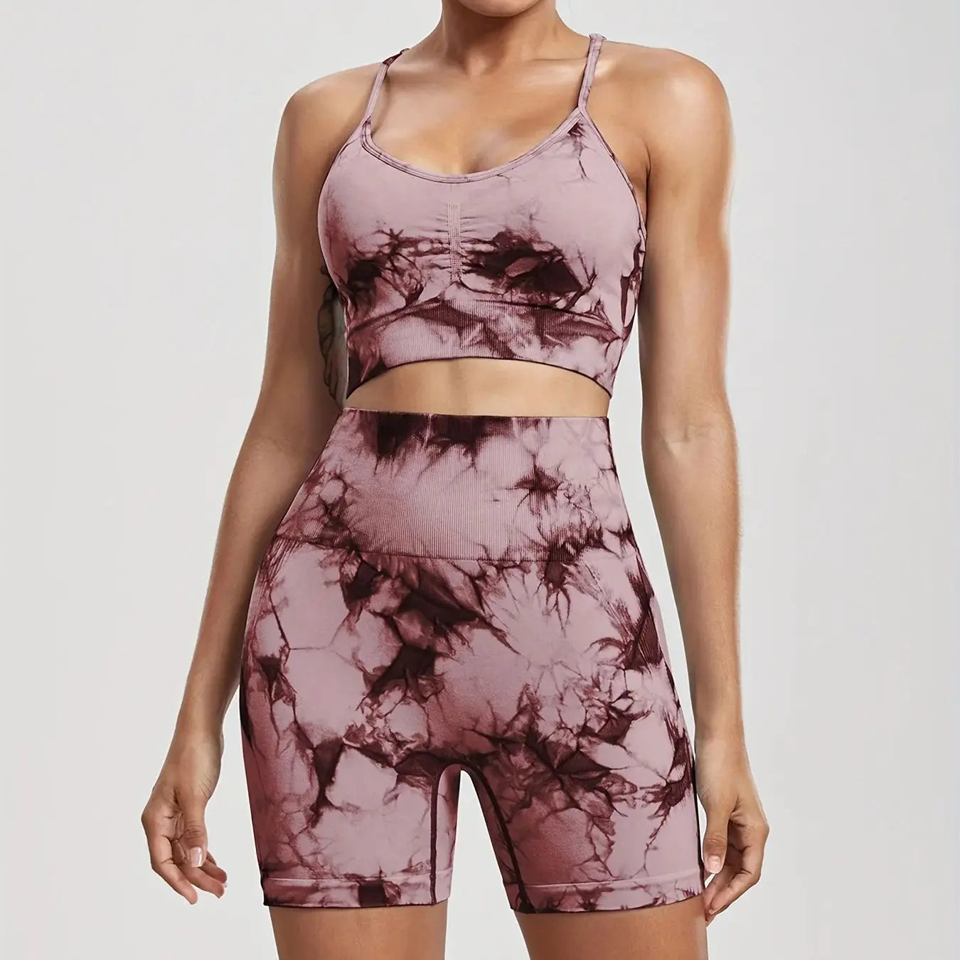 2-Piece Women Tie-Dye Sports Shorts and Crop Top Set Breathable Athletic Workout Gym Outfit Perfect for Yoga Fitness and Biking