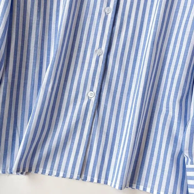 Women's Blue Pure Linen Striped Shirt Comfortable Casual Commuting Top Spring Autumn Lightweight Blouse