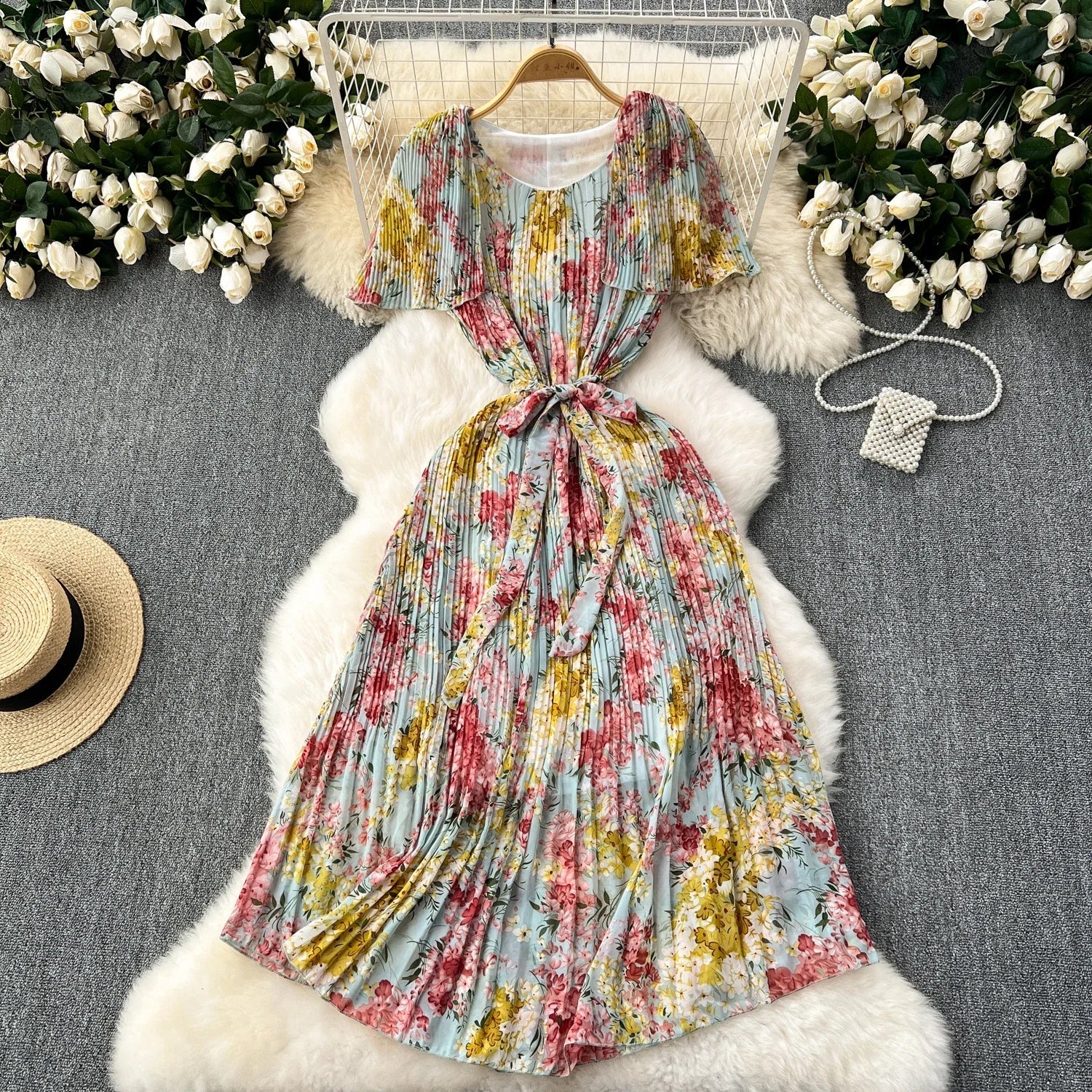 Retro Floral Chiffon Midi Dress With Ruffle Details