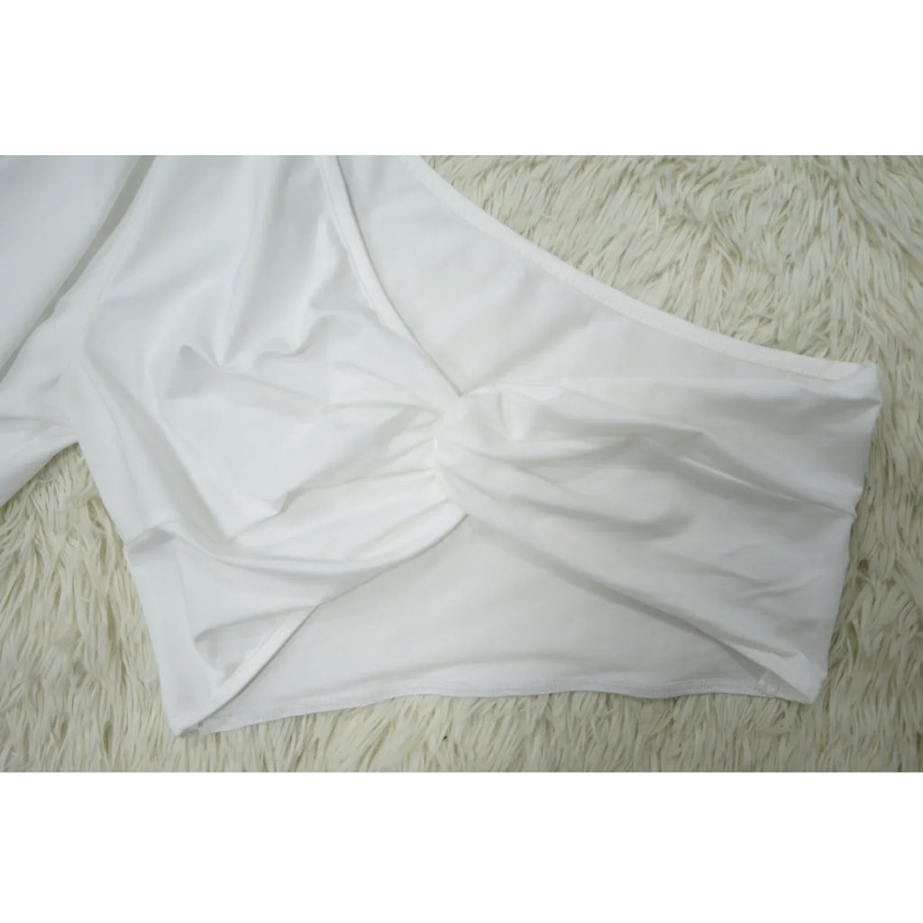 Women's Ruched One Shoulder Sleeve Crop Top and Wide Leg Pants Two Piece Set Outfit