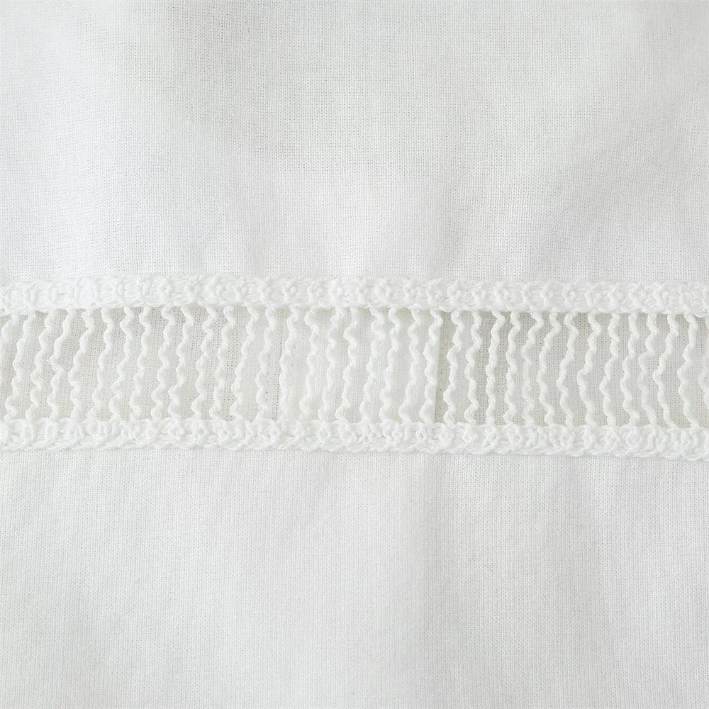 Women White Long Sleeve Blouse and Wide Leg Pants Set with Lace Trim Elegant Design