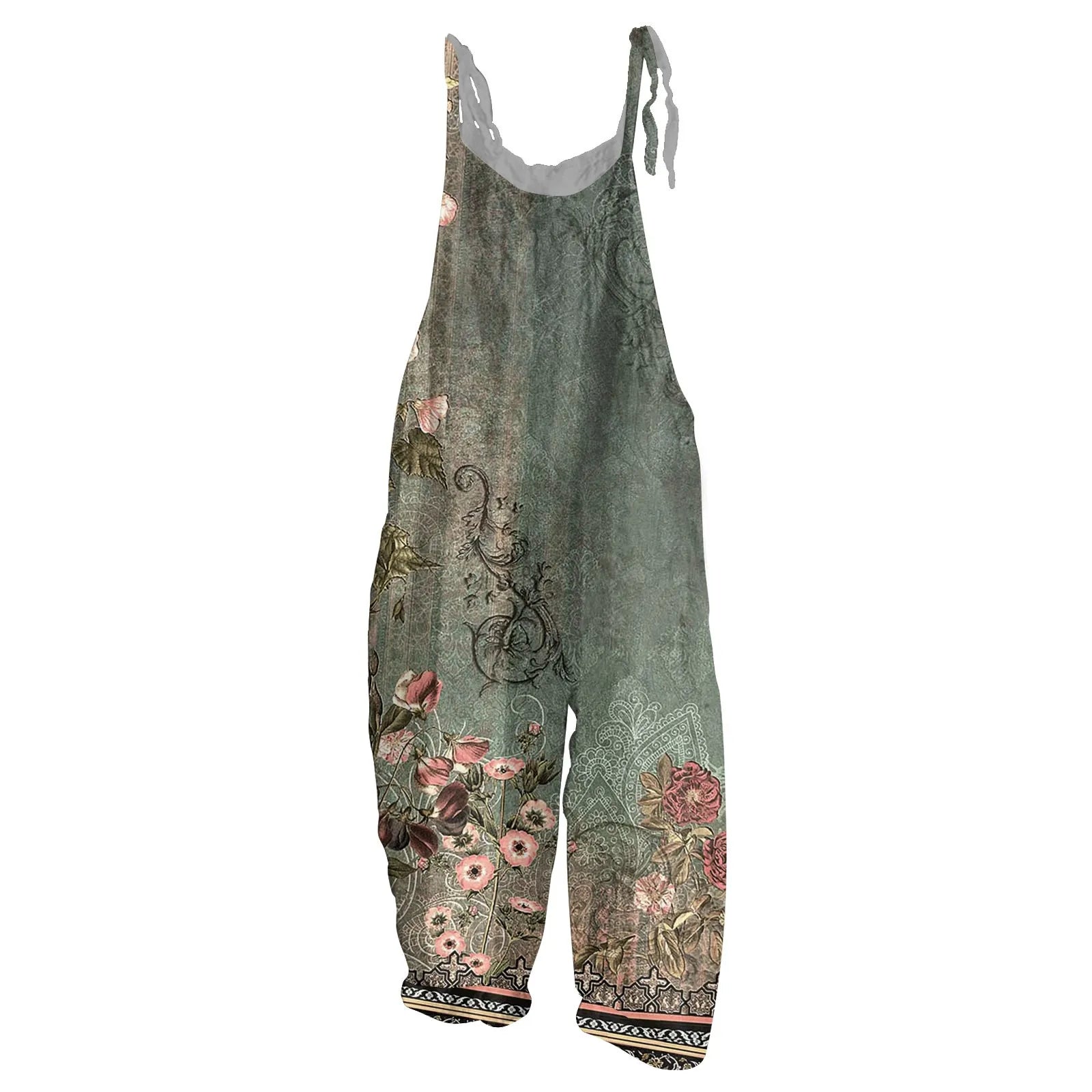 Women's Floral Print Cotton Linen Jumpsuit Loose Vintage Casual Shoulder Strap Romper