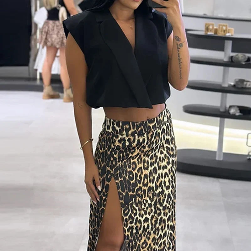 Women Two Piece Set Sleeveless V Neck Single Button Tank Top with A Line Slit Printed Long Skirt Elegant Summer Outfit