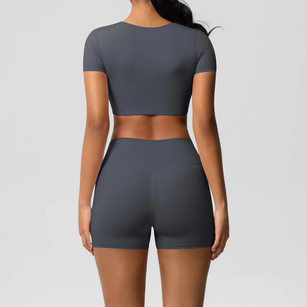 2PCS Women's Fitness Yoga Set High Waist Shorts with Short Sleeve Gym Top Seamless Sportswear Tracksuit for Activewear