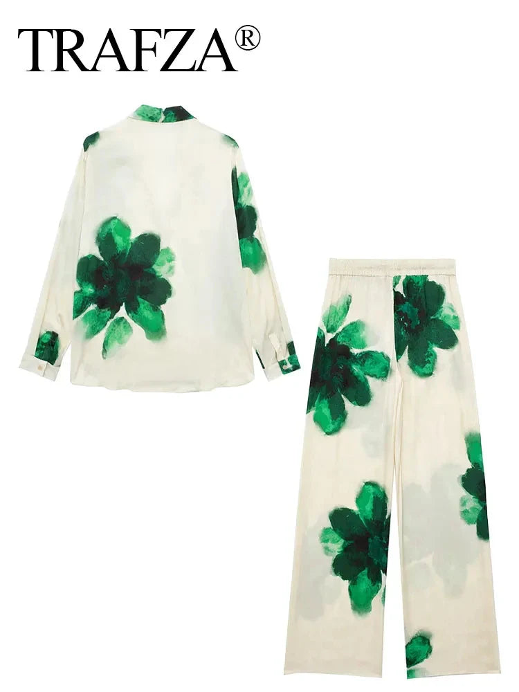 Trendy Summer Suit for Women with Printed Turn-Down Collar Long Sleeve Shirt and Elastic Waist Lace-Up Pants