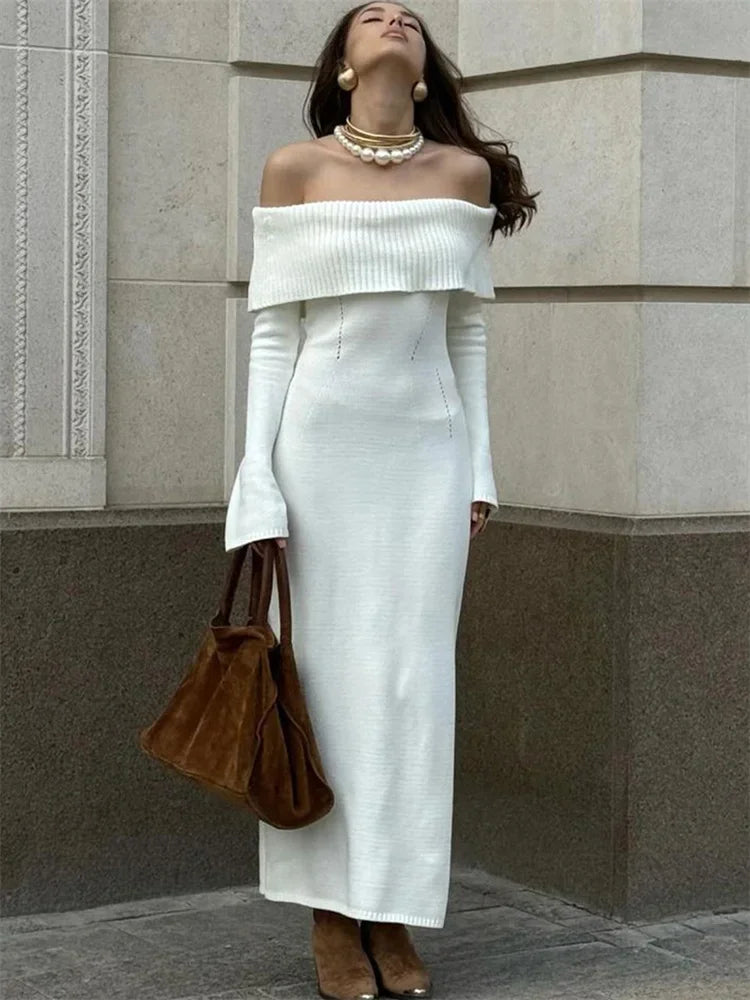 White Autumn Knit Dress For Women Off Shoulder Ribbed