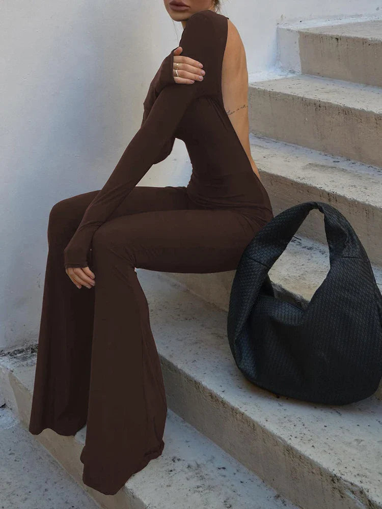 Junior Girls Slim Fit Ankle-Length High Street Jumpsuit Solid Color O-Neck Backless Fashion Romper