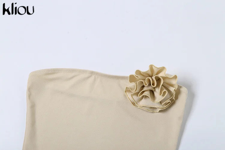 3D Floral Patchwork Two Piece Set for Women Slim Strapless Irregular Shape Top with Bandage Hip Skirt Stylish Holiday Outfit