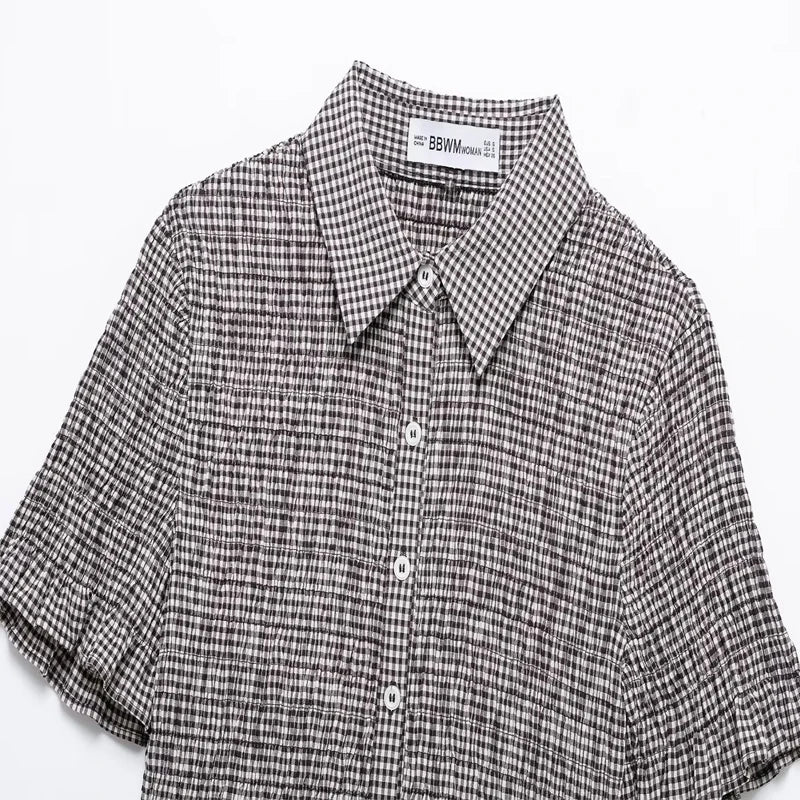 Women's Casual Plaid Short Sleeve Shirt Single Breasted Vintage Chic Button-Up Top