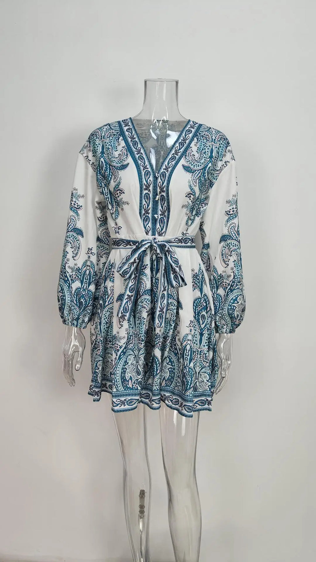 Casual Belted Print Dress For Women With V Neck Long Sleeve