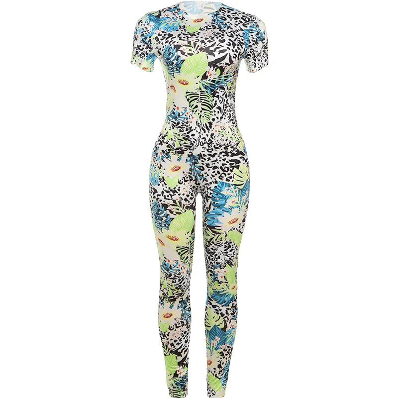 Weird Puss Colorful Print Women's Short Sleeve Skinny Jumpsuit Soft Stretch O-Neck Casual Summer Fitness Street Overalls