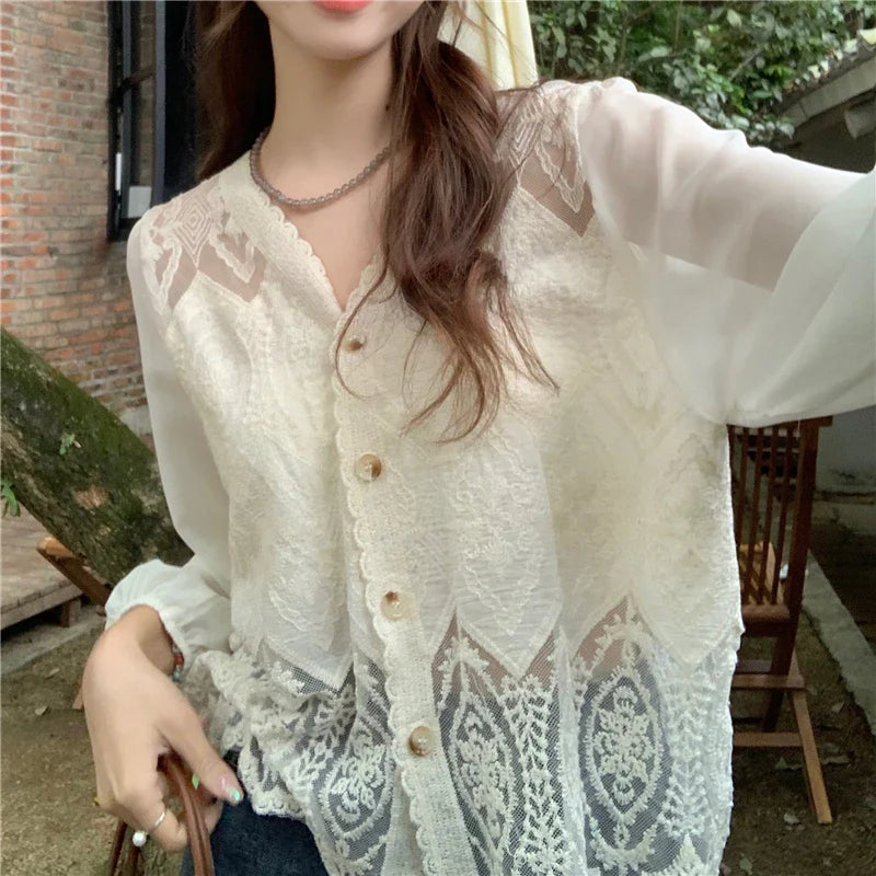 Lace Crochet Women's Blouse with V-Neck Patchwork Long Sleeve Single Breasted Shirt for Spring and Summer