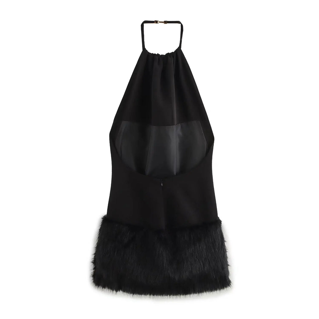 Women Faux Fur Dress Halter Neck Open Back Mini Chic