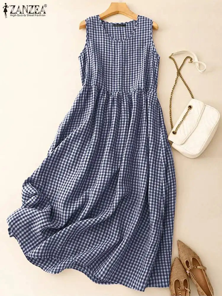 Gingham Midi Dress For Women Vintage Casual Aline Holiday