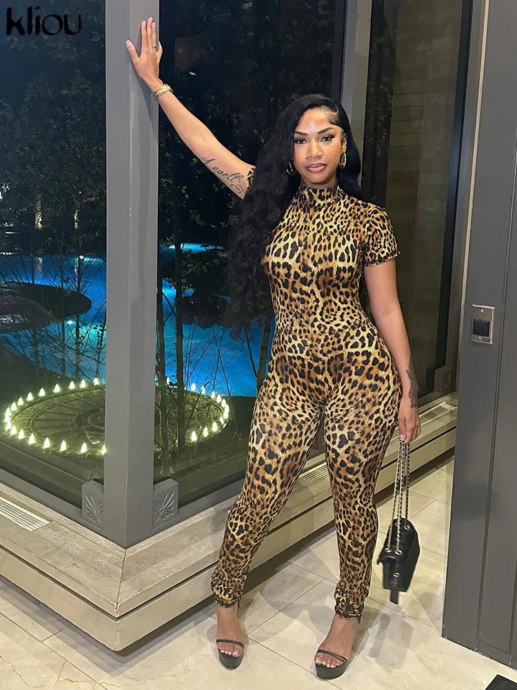 Sexy Printed Slim Fit Jumpsuit with Back Hollow Detail Full Sleeve Stand Collar Overalls for Midnight Party and Clubwear