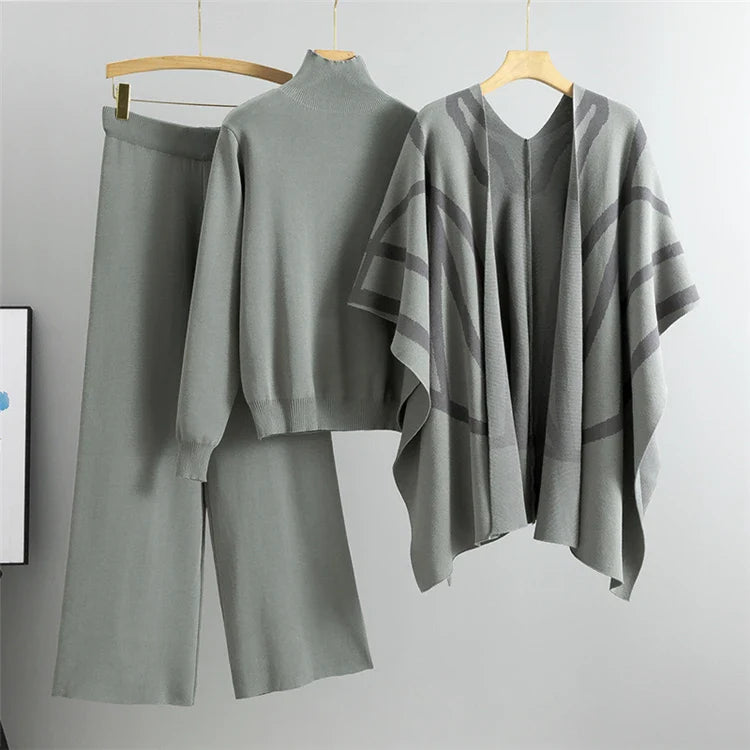 Women's Knitted Spring Three Piece Set with Casual Pullover Sweater, Stripe Shawl, and Wide Leg Pants Outfit