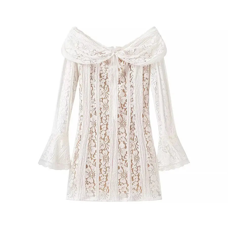 One Shoulder Lace Up Mini Dress With Bell Sleeves High Waist