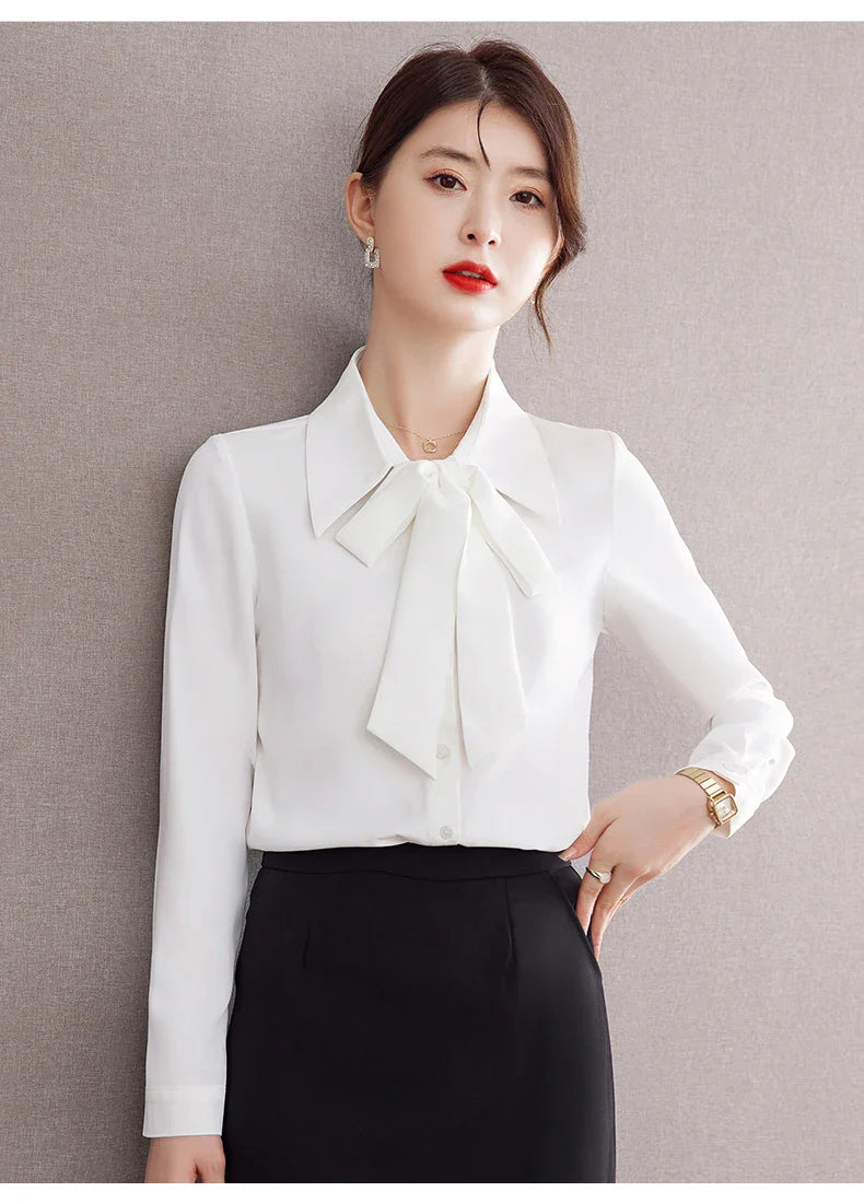 Elegant Bow Tie Ribbon Blouse for Women Lace Up Temperament Shirt Stylish Spring and Autumn Top