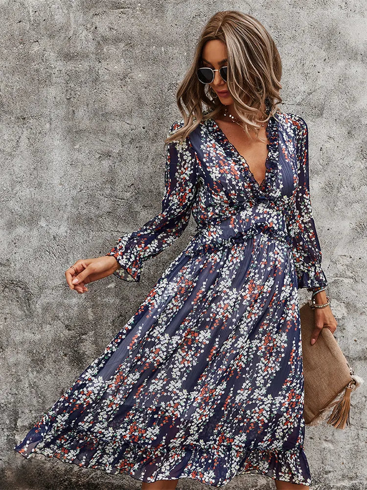 Floral Chiffon Maxi Dress With V Neck And Butterfly Sleeves
