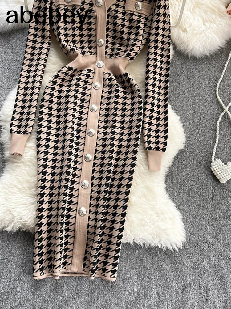 Knitted Bodycon Dress With Long Sleeve V Neck Elastic Fit