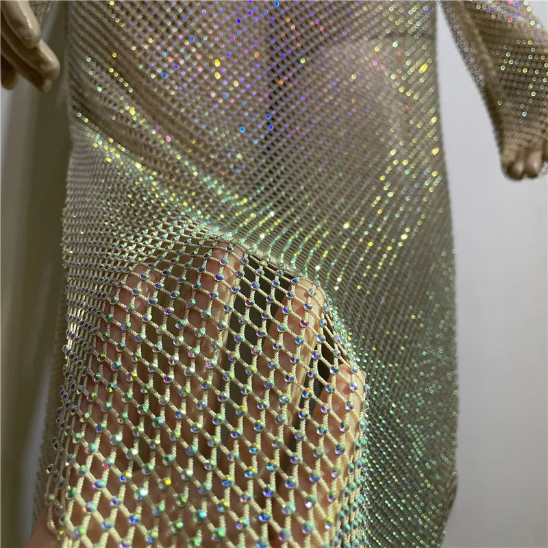 Rhinestone See Through Club Dress With Fishnet Details