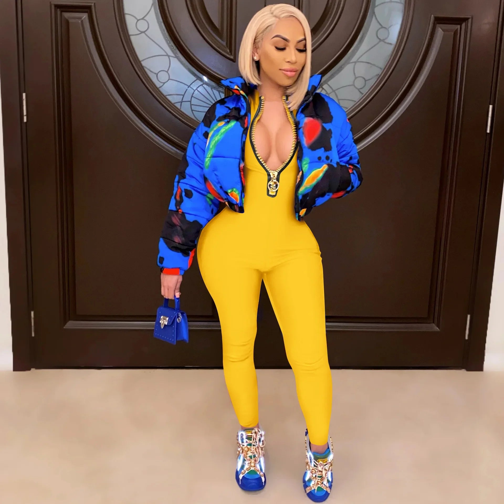 Women's Bodycon One-Piece Jumpsuit with Long Sleeves and Large Front Zipper Casual Sporty Skinny Workout Overalls Top