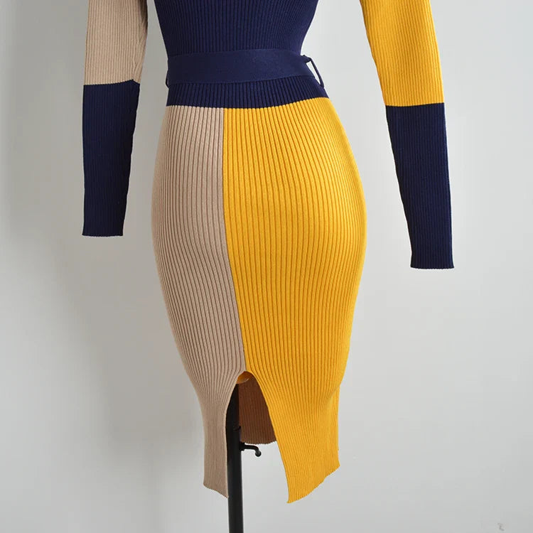 Fall Winter Knit Wrap Dress With Belt Long Sleeve Pencil