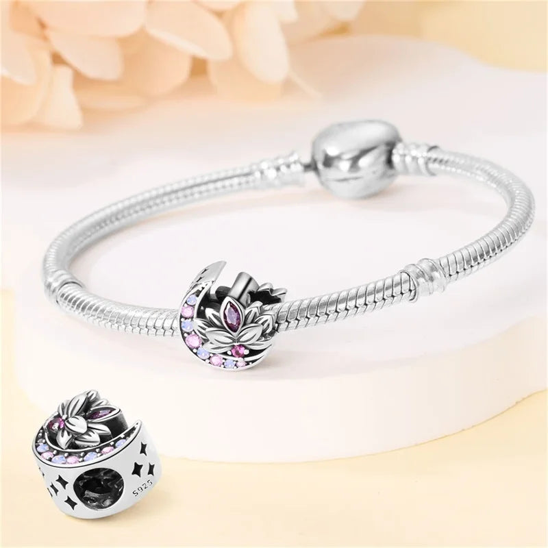 Silver Plated Lotus Guardian Angel Heart-Shaped Zircon Charms Beads for DIY Jewelry and 925 Bracelets