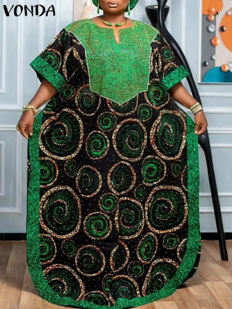 Bohemian Maxi Dress With Printed V Neck Bat Sleeve Casual