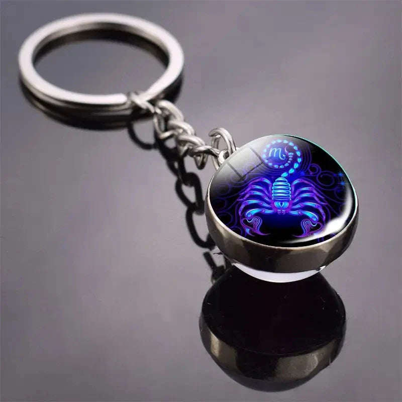 Luminous Zodiac Key Chain Double Sided Glass Ball Pendant for Men and Women Birthday Gift