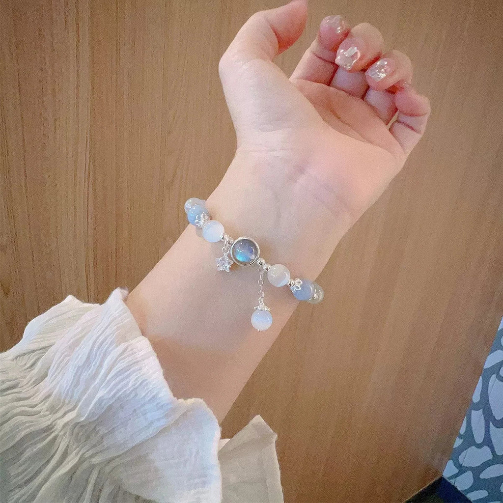 Unique Dreamy Blue Moonstone Cat Eye Pendant Crystal Bead Bracelet for Women