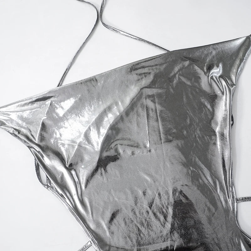 Metallic V Neck Backless Pleated Mini Dress For Women