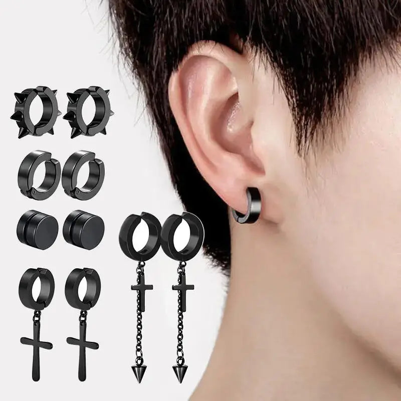 Men's Punk Cross Pendant Stainless Steel Magnetic Earrings Set - 5 Pairs Fashionable Earless Design