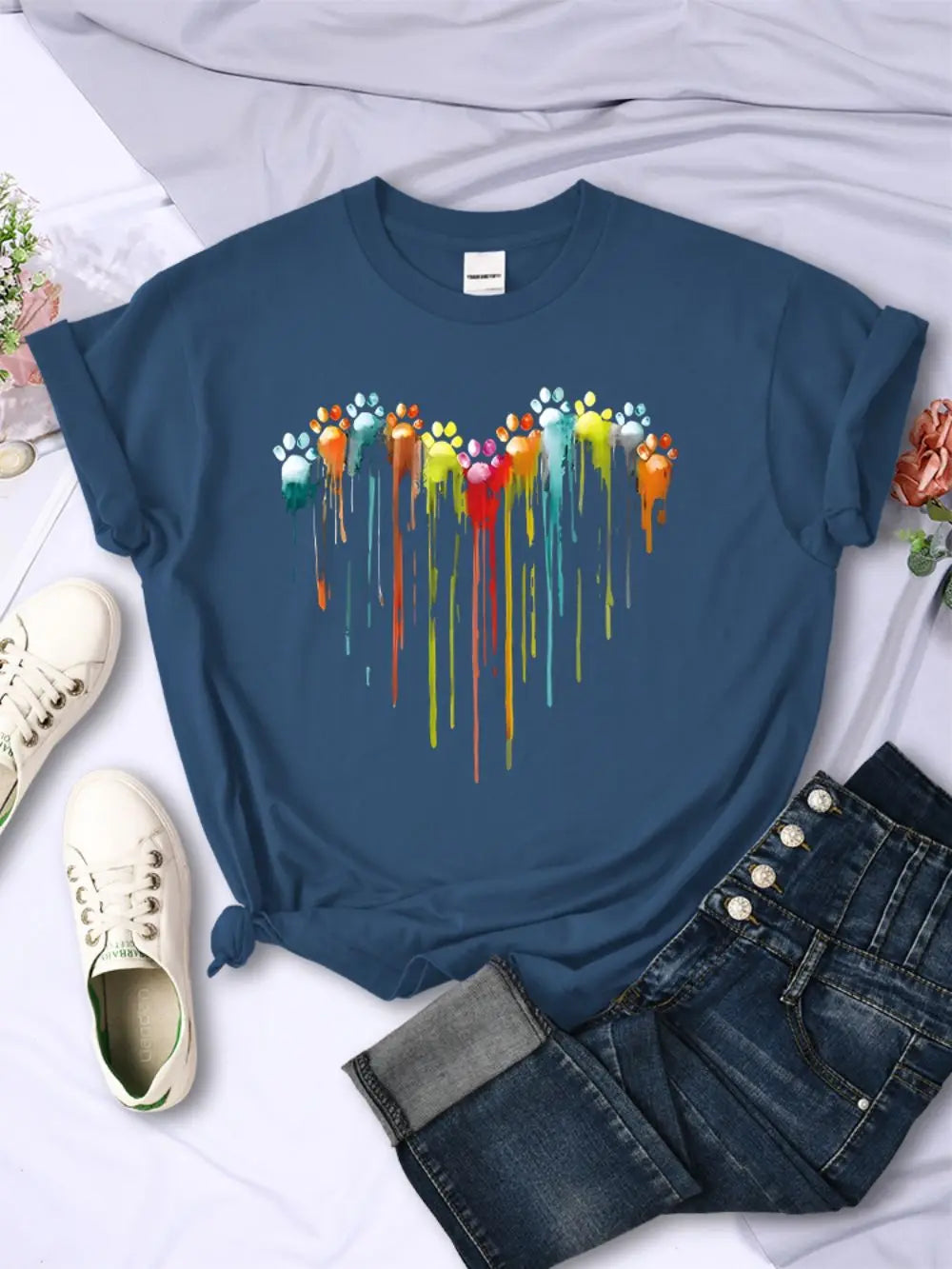 Multicolored Cat Paw Print T-Shirt for Women Comfortable O-Neck Short Sleeve Summer Casual Top