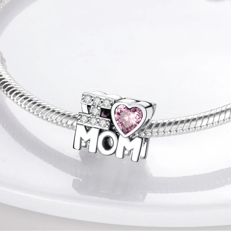 925 Sterling Silver Love Heart Family Charm Bead Pendant for Women's Bracelet Jewelry Gift