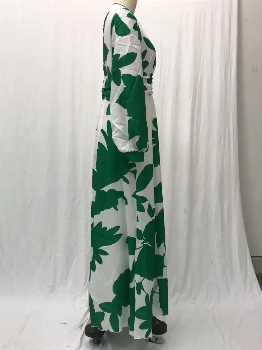 Printed Womens V Neck Lantern Sleeve Long Evening Dress