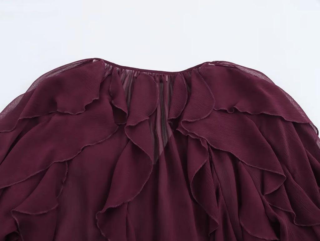 Sexy Translucent Ruffle Blouse for Women V Neck Single Breasted Tiered Casual Beach Shirt