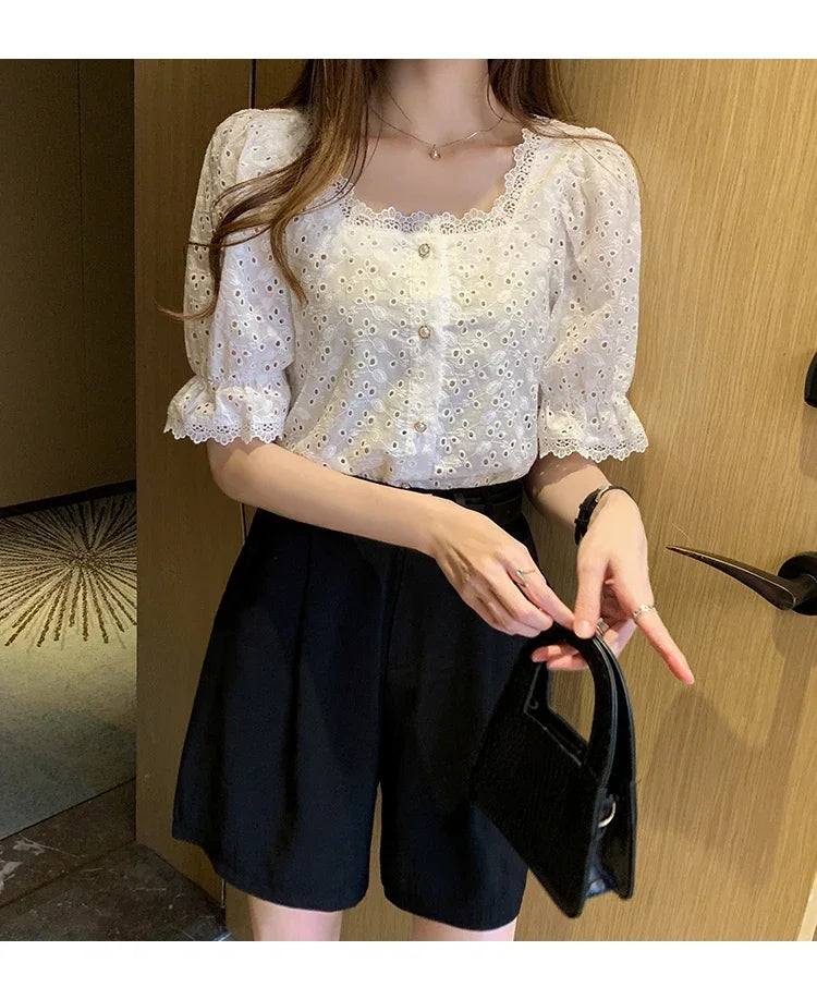 Elegant White Lace Blouse for Women Short Sleeve Square Collar Hollow Out Summer Shirt Chic and Breathable Feminine Top