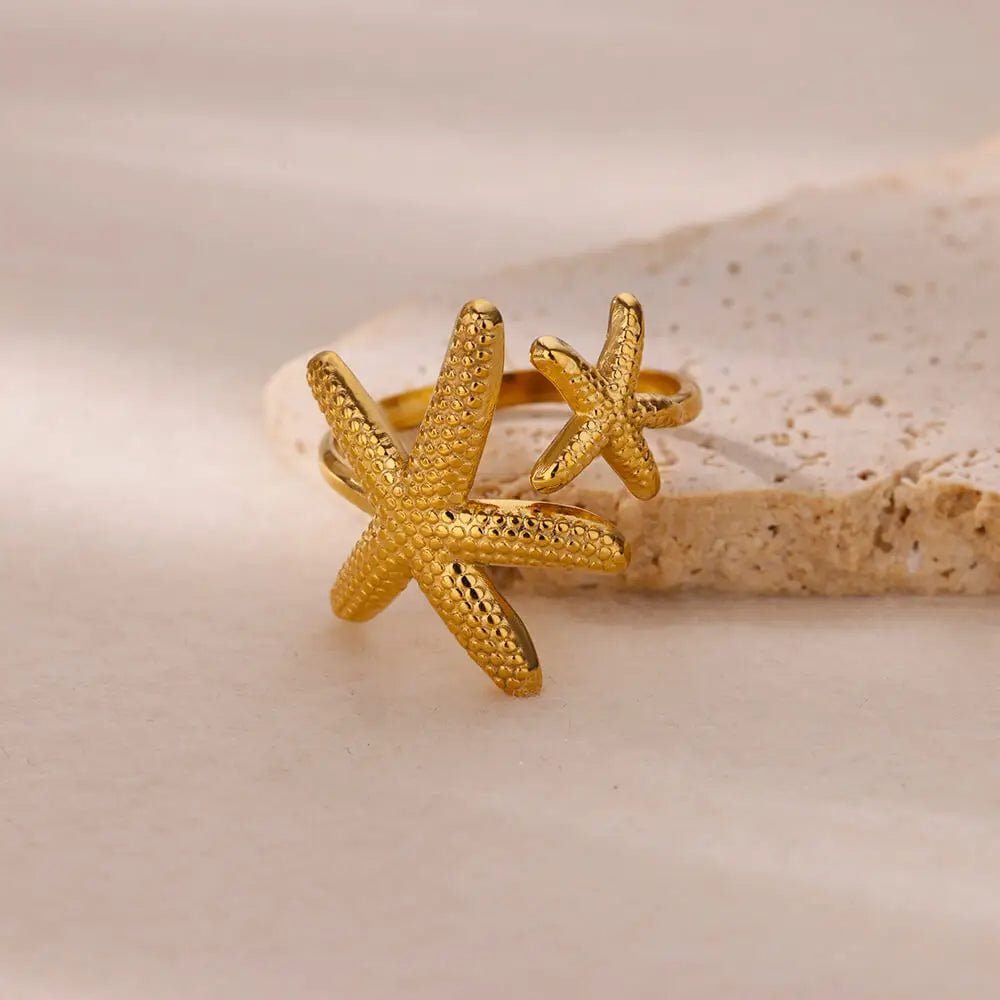 Gold Color Stainless Steel Starfish Open Adjustable Ring for Women Geometric Fashion Jewelry Gift