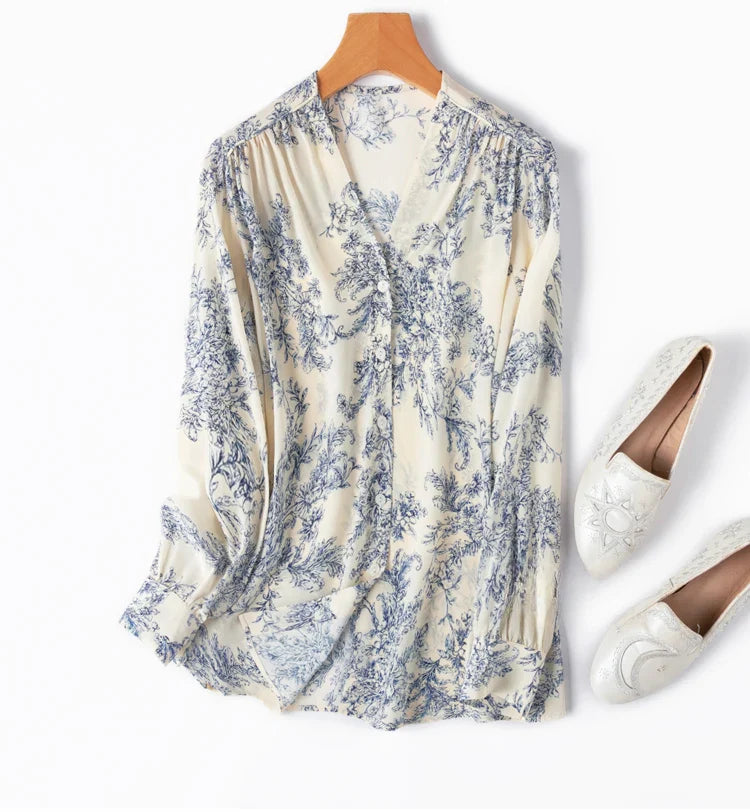 Women 100 Percent Mulberry Crepe Silk Shirt White Floral Button Down Long Sleeve Blouse Elegant Office Top M L XL